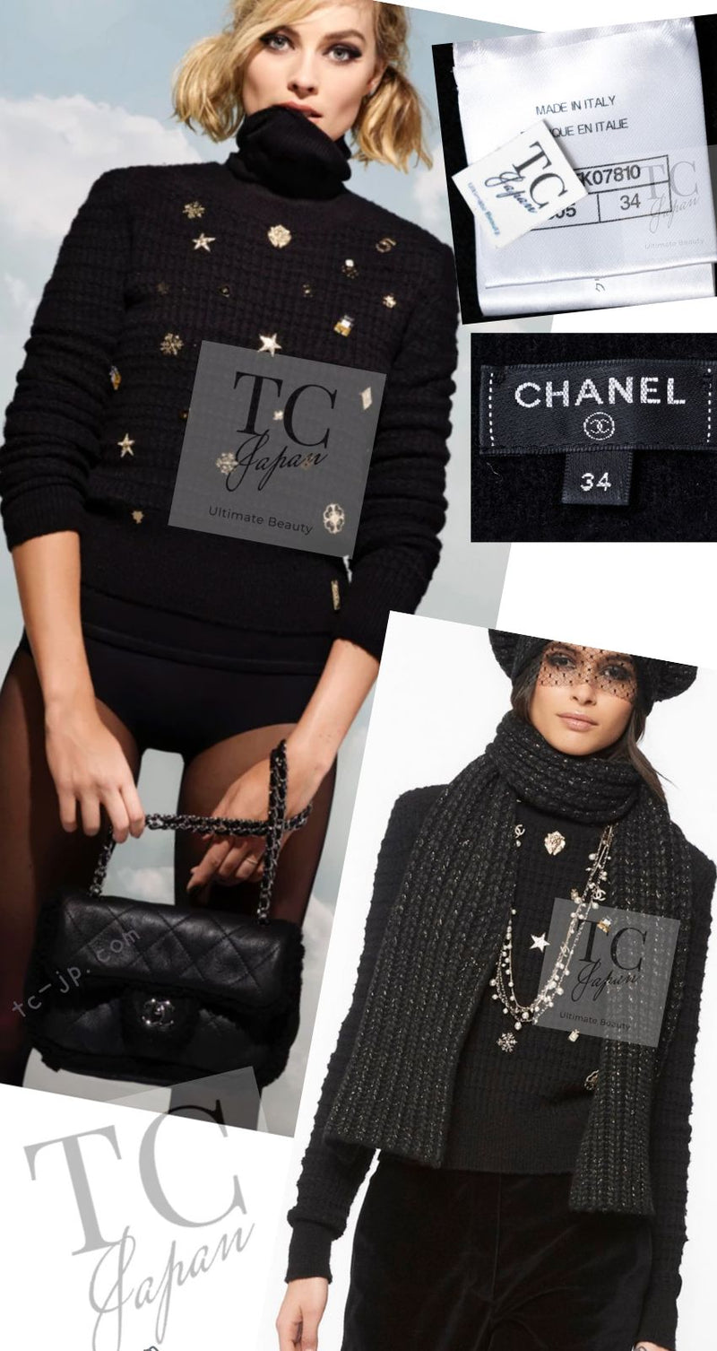 CHANEL 18PA Black Cashemre Silk Wool CC 5 Logo Lion Tops Sweater 34 36 シャネル ブラック カシミヤ シルク ウール CC 5 ライオン ロゴ 装飾 トップス セーター 即発