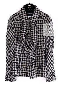 CHANEL 09S Black Ivory Metallic Silk Cardigan Blouse Jacket 38 シャネル ブラック アイボリー メタリック シルク カーディガン ブラウス ジャケット 即発