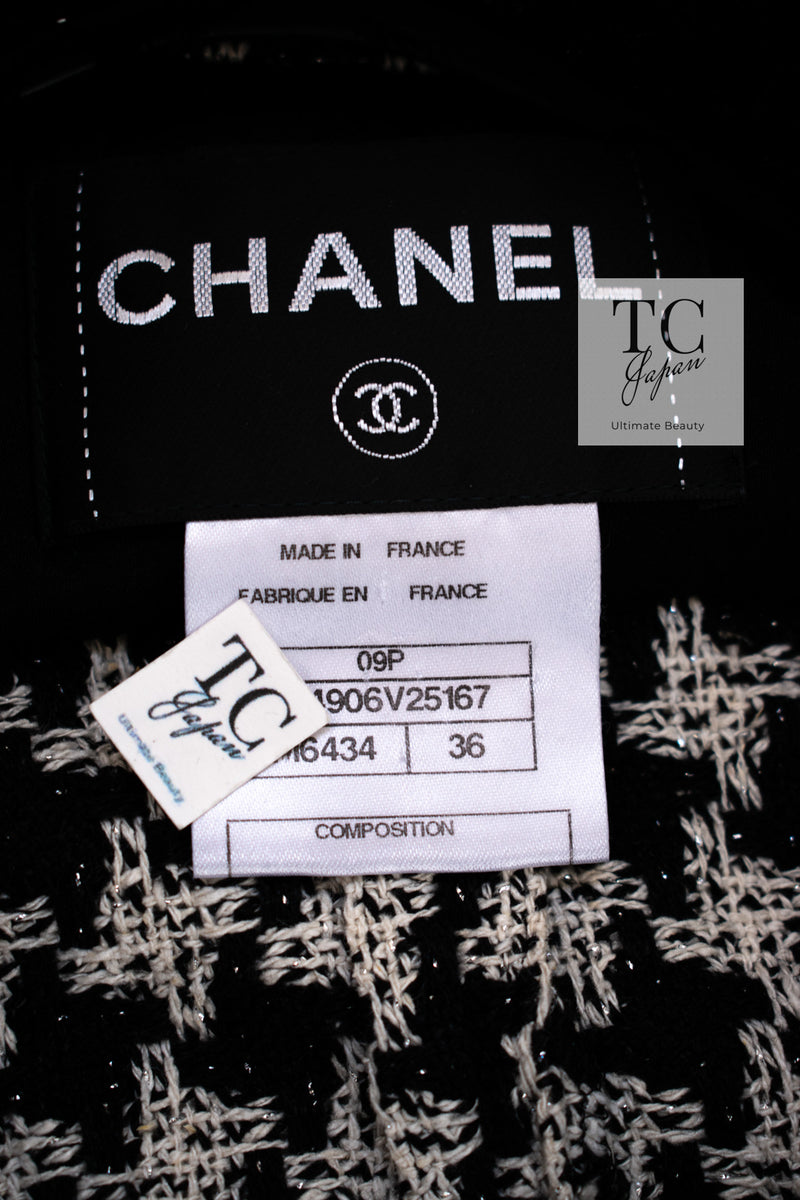 CHANEL 09S Black Ivory Metallic Silk Cardigan Blouse Jacket 38 シャネル ブラック アイボリー メタリック シルク カーディガン ブラウス ジャケット 即発