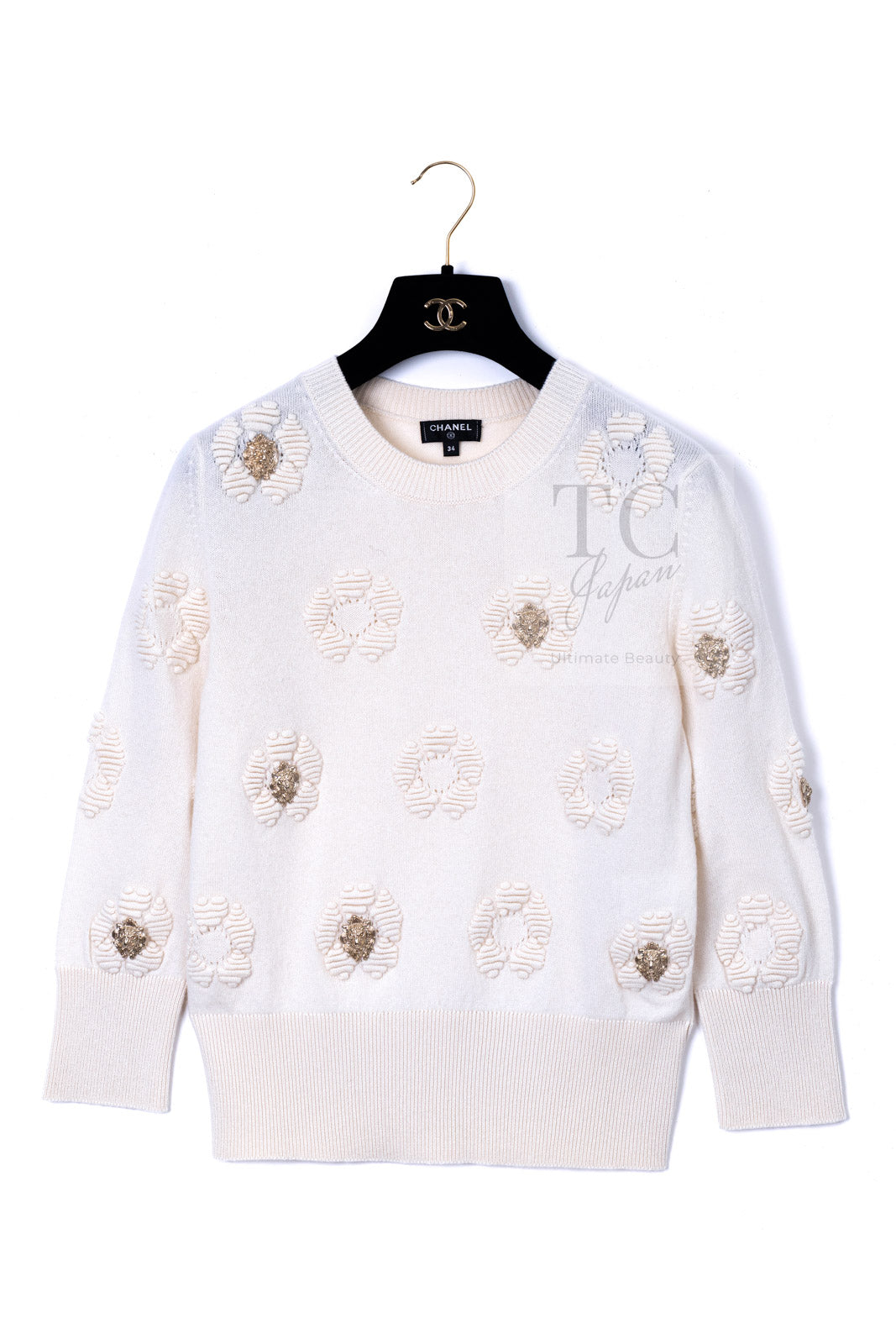 CHANEL 17PS Ivory Cashmere 100% Lion Embellished Knit Sweater 34 シャネル アイボリー カシミヤ ライオン 装飾 ニット トップス セーター 即発