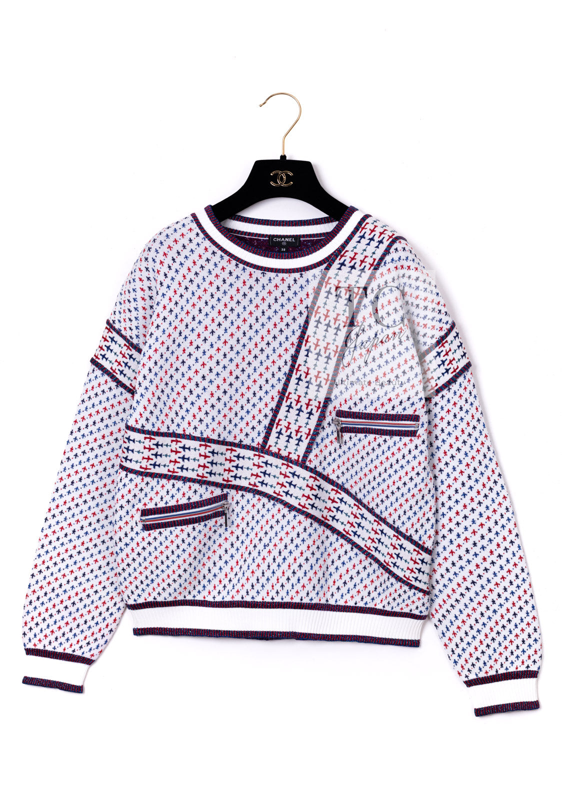 CHANEL 16S White Red Blue Tricolor Airplane Tops Sweater 38 シャネル ホワイト レッド ブルー 飛行機 ニット セーター トレーナー 即発