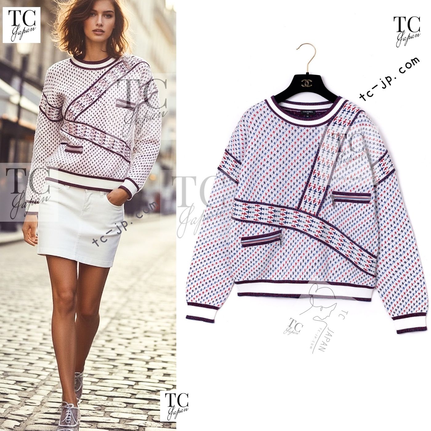 CHANEL 16S White Red Blue Tricolor Airplane Tops Sweater 38 シャネル ホワイト レッド ブルー 飛行機 ニット セーター トレーナー 即発
