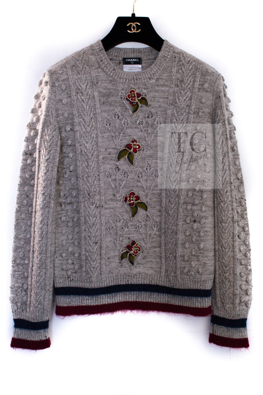 CHANEL 15PF Gray Wool Cashmere Mohair Floral Embellished Knit Sweater 38 シャネル グレー ウール カシミヤ モヘア フラワー ニット セーター 即発