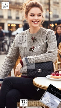 CHANEL 15PF Gray Wool Cashmere Mohair Floral Embellished Knit Sweater 38 シャネル グレー ウール カシミヤ モヘア フラワー ニット セーター 即発