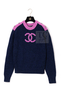 CHANEL 22A Navy Pink Coco Mark Cashmere Knit Sweater CC Logo Gripox Buttons 2
