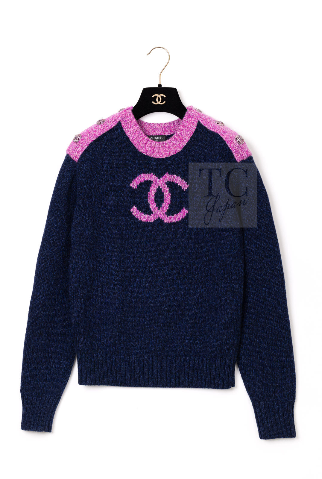 CHANEL 22A Navy Pink Coco Mark Cashmere Knit Sweater CC Logo Gripox Buttons 2
