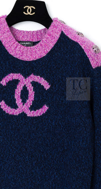 CHANEL 22A Navy Pink Coco Mark Cashmere Knit Sweater CC Logo Gripox Buttons 3