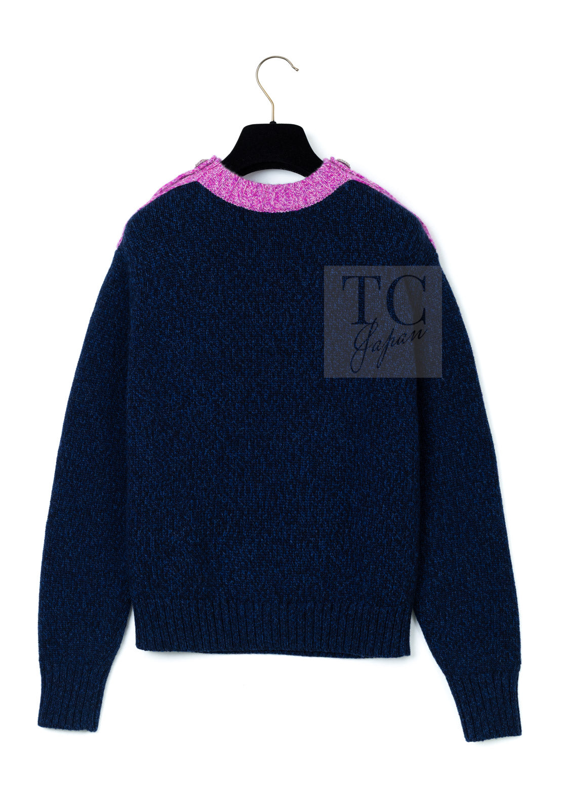 シャネル セーター CHANEL 22A ネイビー ピンク ココ マーク カシミヤ 100% ニット CC グリポワ宝石ボタン 34 36 38