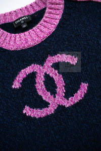 CHANEL 22A Navy Pink Coco Mark Cashmere Knit Sweater CC Logo Gripox Buttons 4