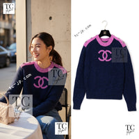 シャネル セーター CHANEL 22A ネイビー ピンク ココ マーク カシミヤ 100% ニット CC グリポワ宝石ボタン 34 36 38