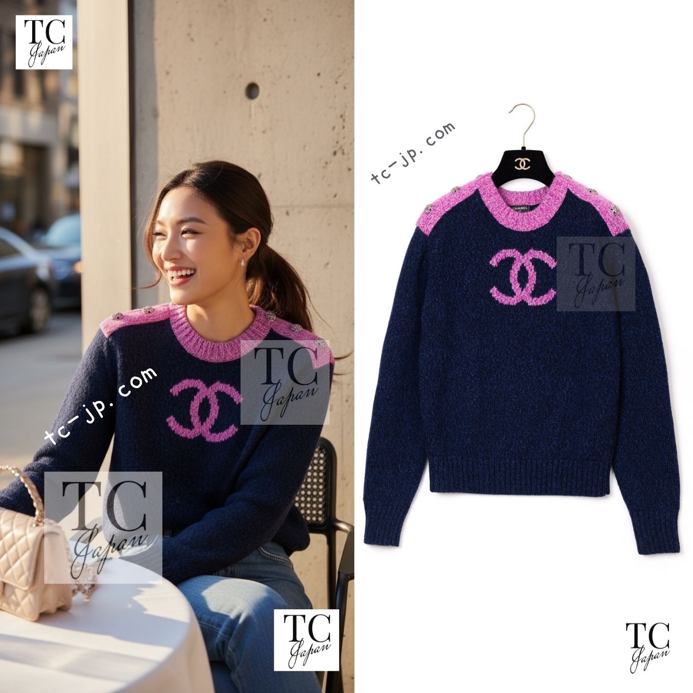シャネル セーター CHANEL 22A ネイビー ピンク ココ マーク カシミヤ 100% ニット CC グリポワ宝石ボタン 34 36 38