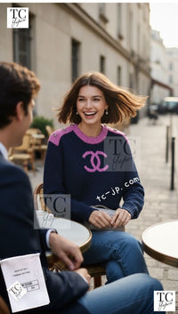 CHANEL 22A Navy Pink Coco Mark Cashmere Knit Sweater CC Logo Gripox Buttons 10