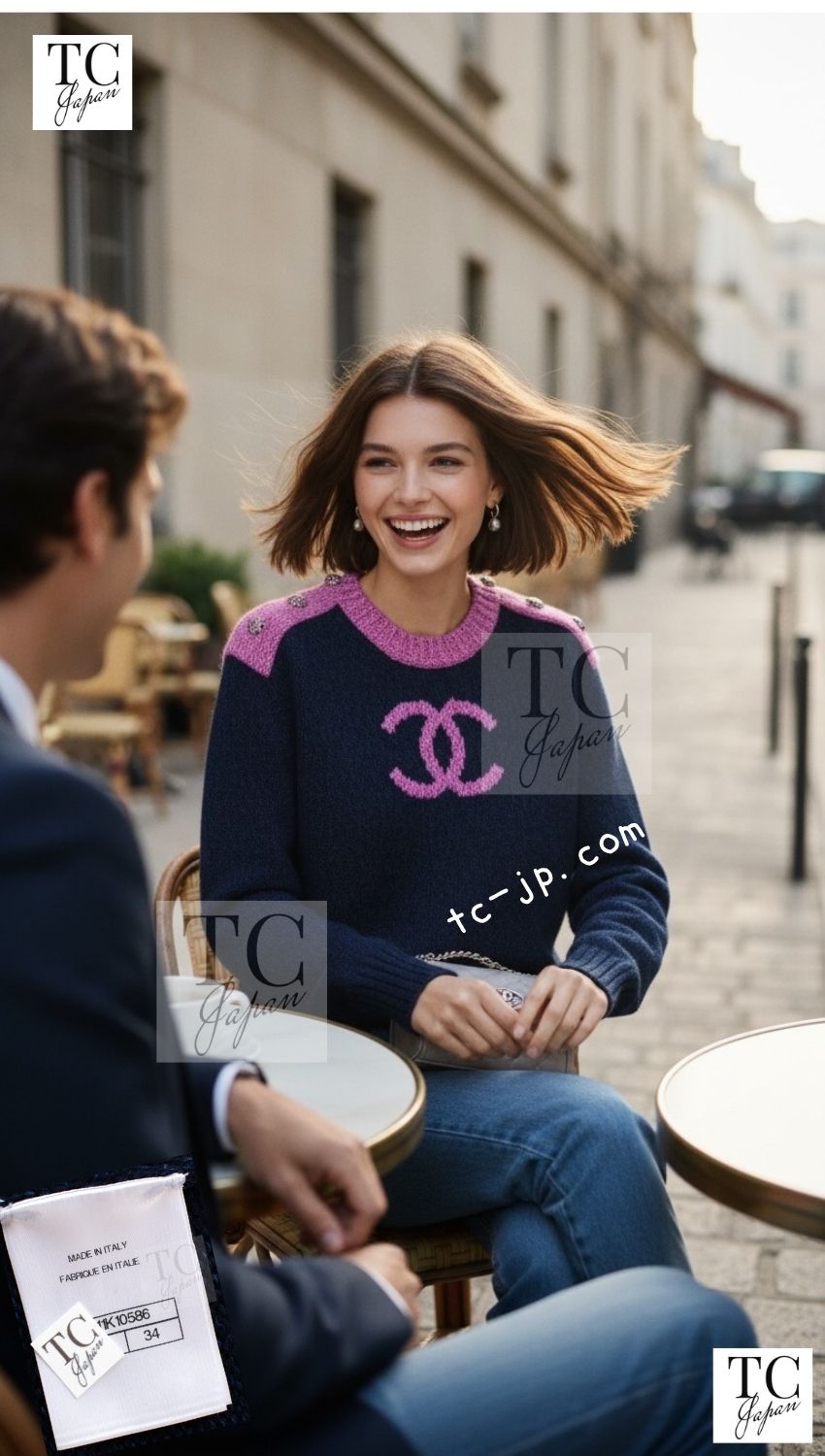 CHANEL 22A Navy Pink Coco Mark Cashmere Knit Sweater CC Logo Gripox Buttons 10