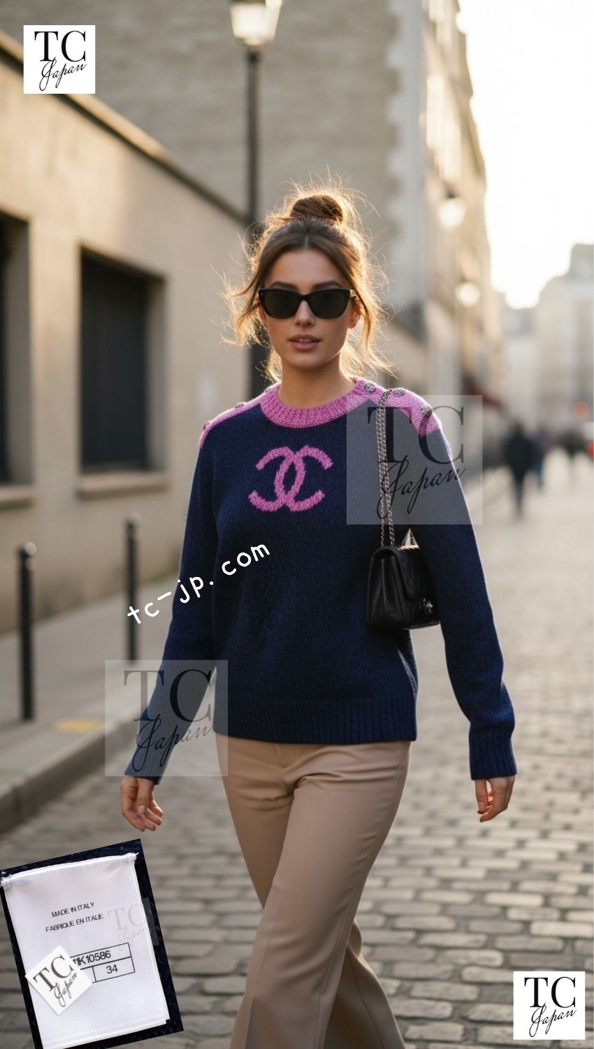 CHANEL 22A Navy Pink Coco Mark Cashmere Knit Sweater CC Logo Gripox Buttons 11