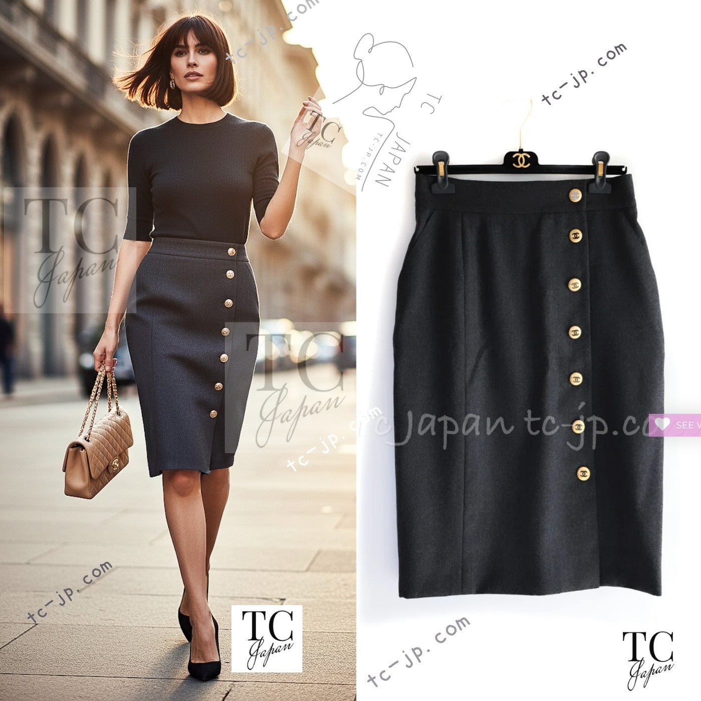 CHANEL 92A Vintage Charcoal Gray Gold Big CC Button Wool Wrap Skirt 42 シャネル ヴィンテージ 貴重 チャコール グレー ウール ビッグ CC 立体ボタン ラップ巻き スカート 即発