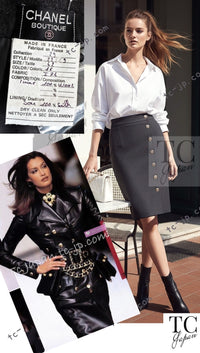 CHANEL 92A Vintage Charcoal Gray Gold Big CC Button Wool Wrap Skirt 42 シャネル ヴィンテージ 貴重 チャコール グレー ウール ビッグ CC 立体ボタン ラップ巻き スカート 即発