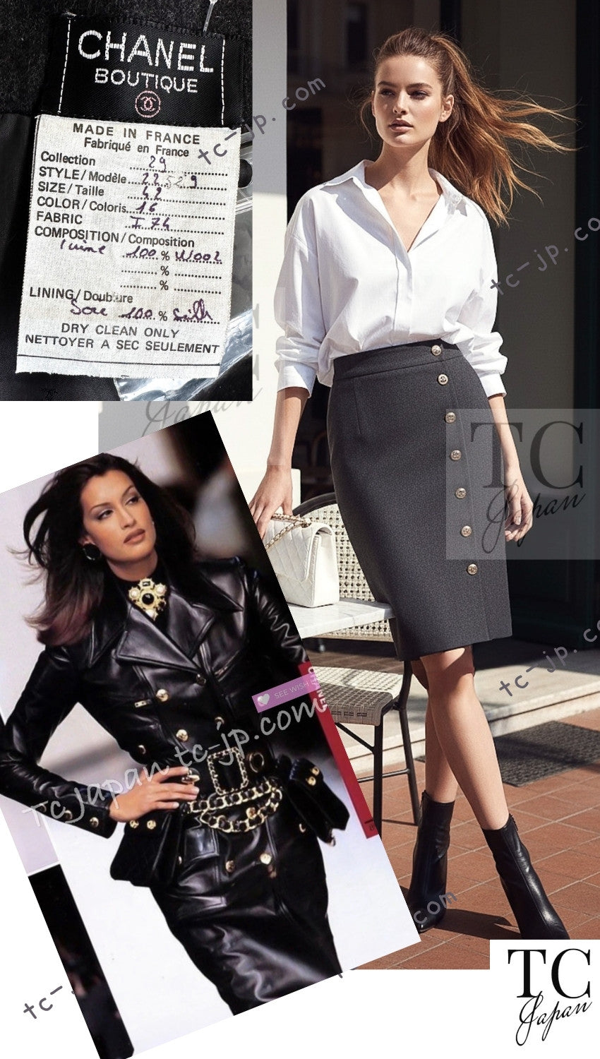 CHANEL 92A Vintage Charcoal Gray Gold Big CC Button Wool Wrap Skirt 42 シャネル ヴィンテージ 貴重 チャコール グレー ウール ビッグ CC 立体ボタン ラップ巻き スカート 即発