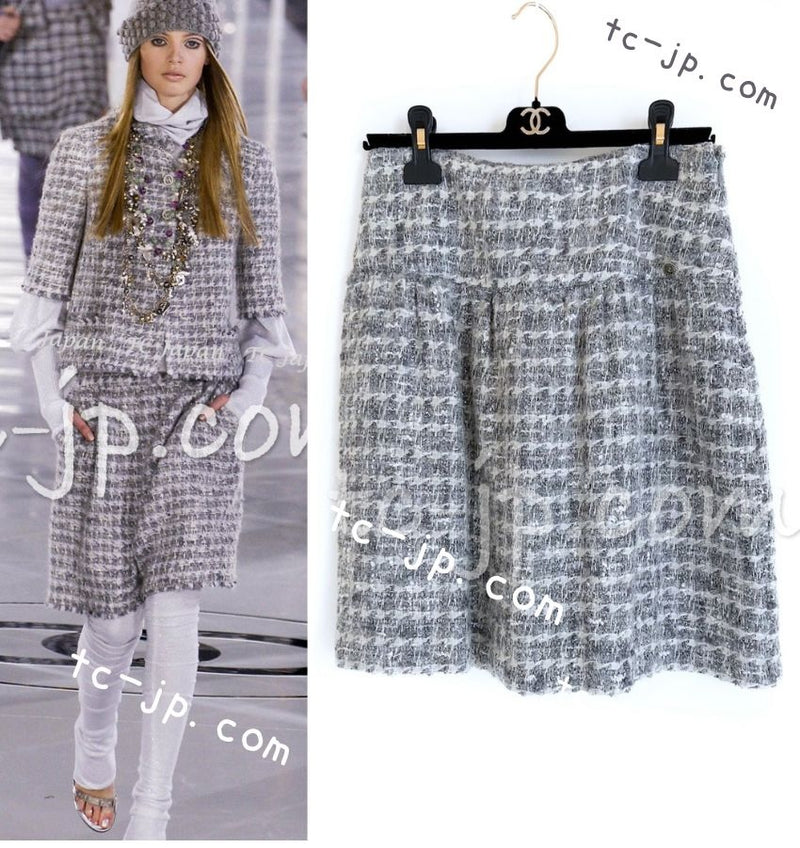 CHANEL 05A Gray Silver Mix Wool Cashmere Tweed Skirt 36 38 シャネル グレー シルバー ふんわり ウール カシミヤ ツイード スカート 即発