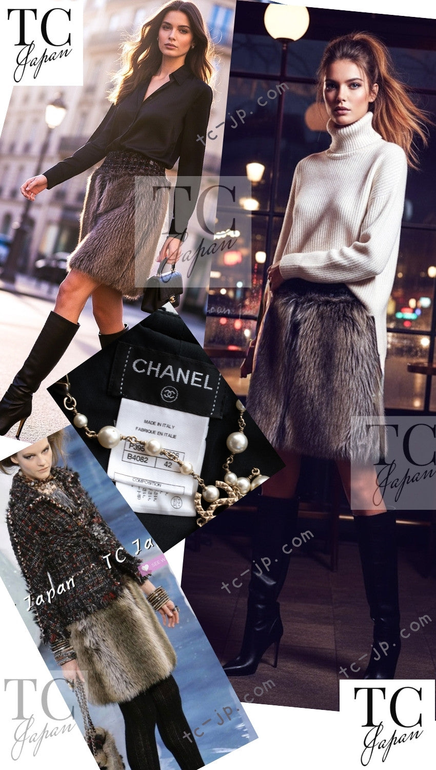 CHANEL 10A Black Red Wool Lesage Tweed Fantasy Fur Mini Skirt 34 シャネル ブラック レッド ウール ルサージュ ファンタジー ファー ミニ スカート 即発