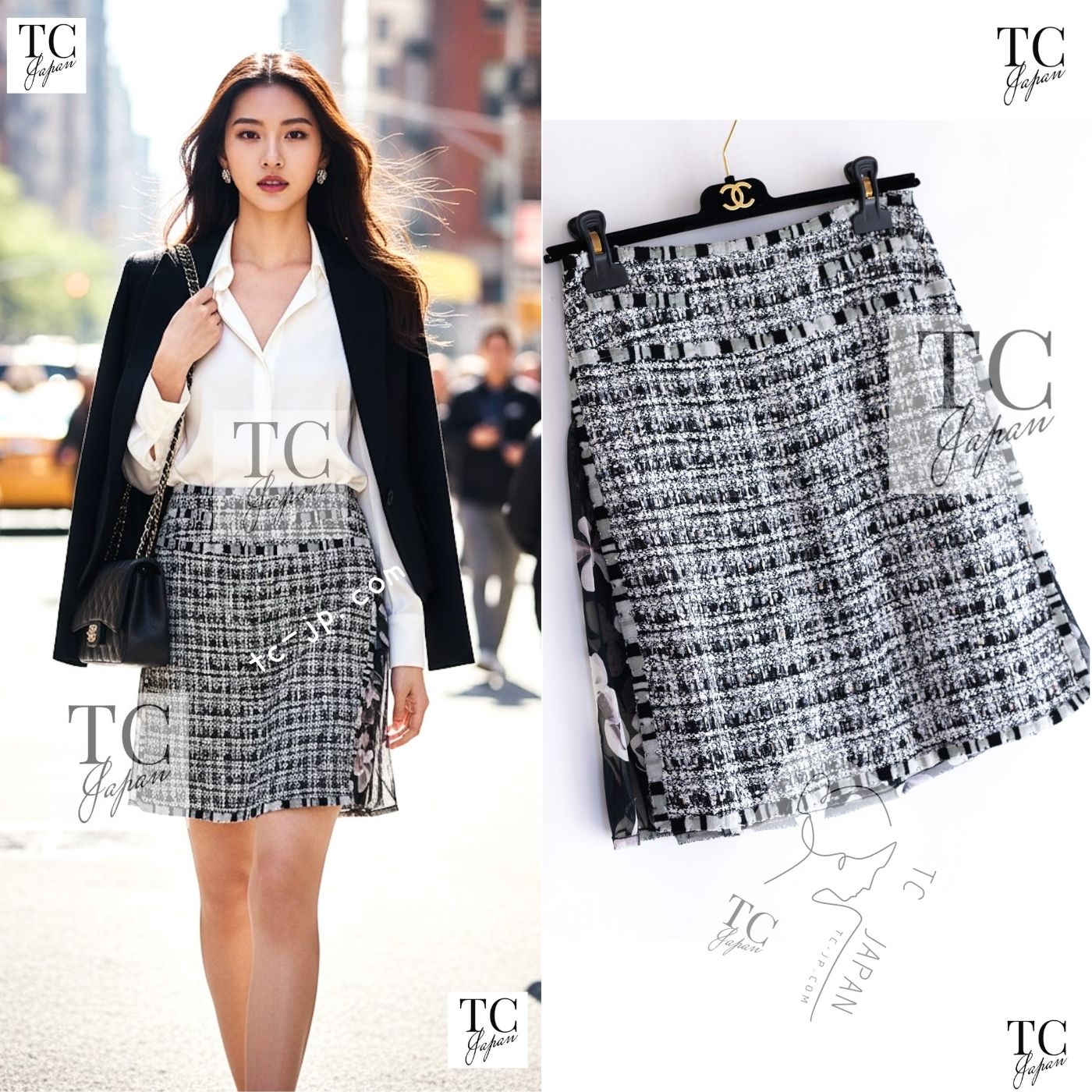 CHANEL 04S Black White CC Logo Wool Silk Cotton Lesage Tweed Skirt 38 シャネル ブラック ホワイト CC ロゴ ウール シルク コットン ルサージュ ツイード スカート 即発