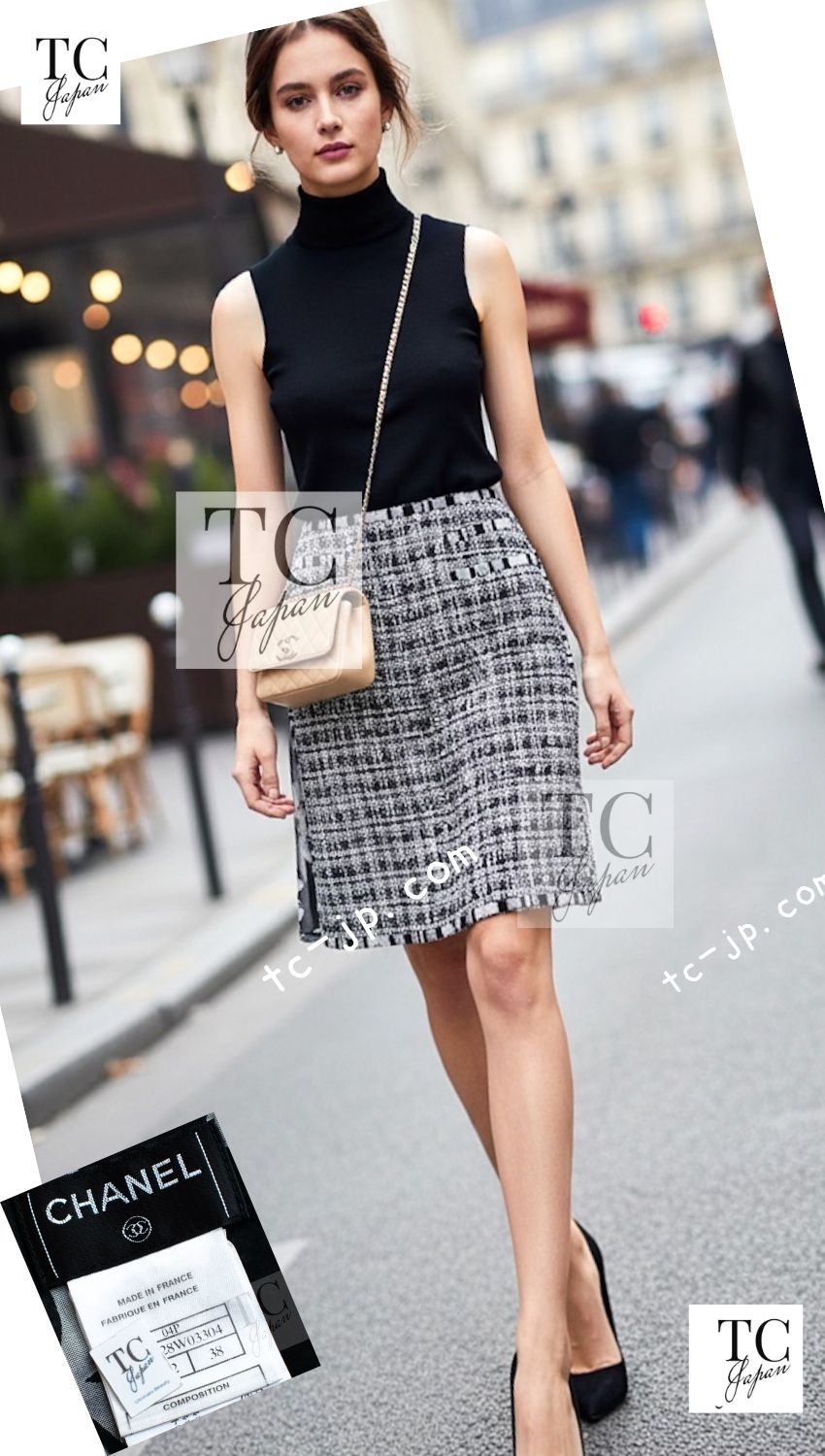 CHANEL 04S Black White CC Logo Wool Silk Cotton Lesage Tweed Skirt 38 シャネル ブラック ホワイト CC ロゴ ウール シルク コットン ルサージュ ツイード スカート 即発