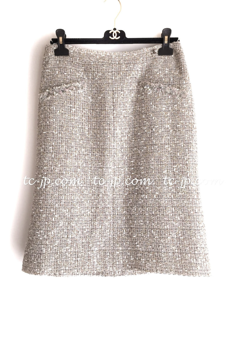 CHANEL 05S Beige Metallic Cotton Lesage Tweed Skirt 44 シャネル ベージュ メタリック コットン ルサージュ ツイード スカート 即発