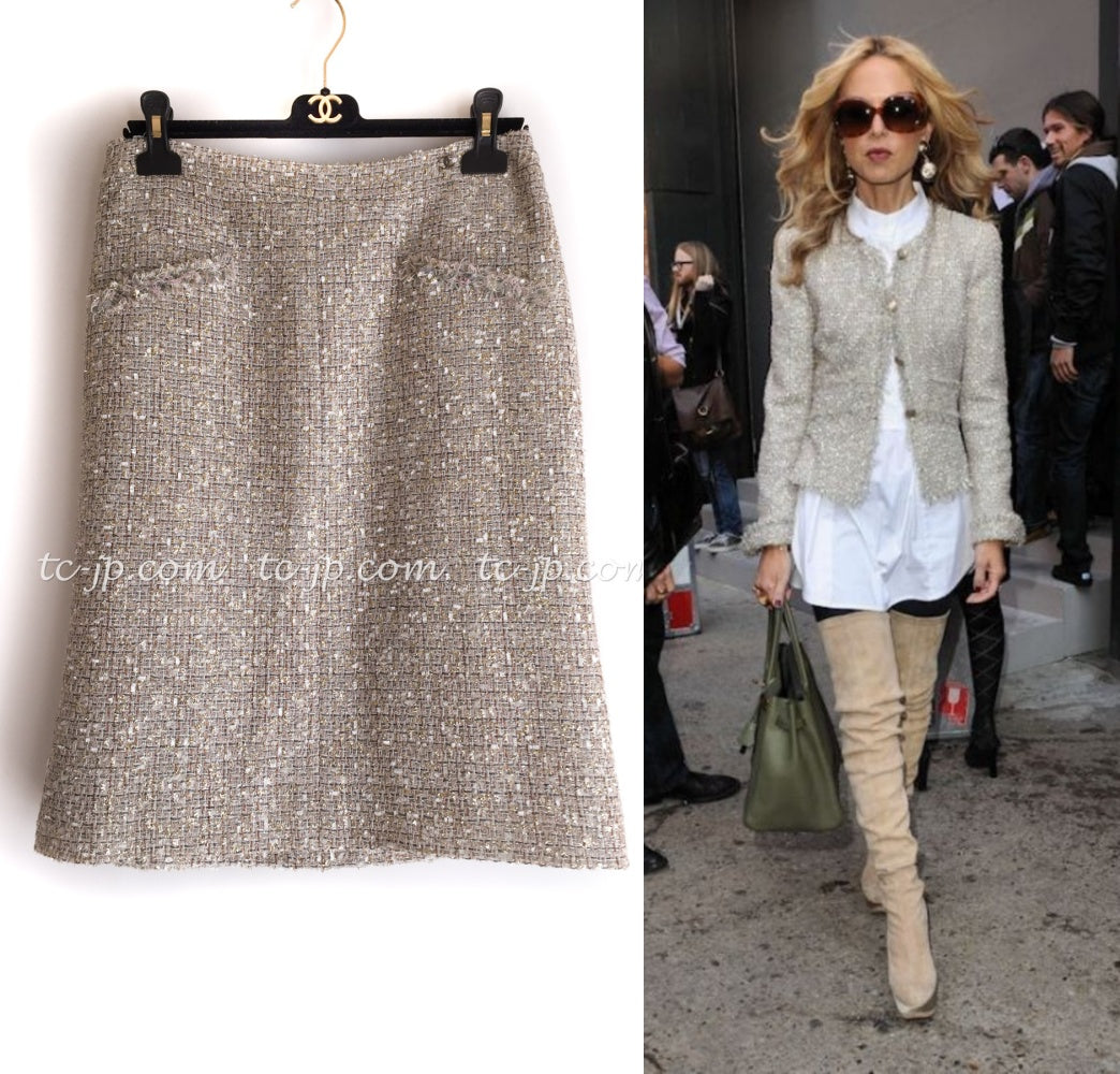 CHANEL 05S Beige Metallic Cotton Lesage Tweed Skirt 44 シャネル ベージュ メタリック コットン ルサージュ ツイード スカート 即発