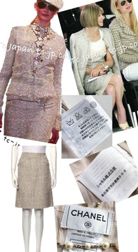 CHANEL 05S Beige Gold Silver Metallic Tweed Jacket Skirt Suit 38 44 46 10