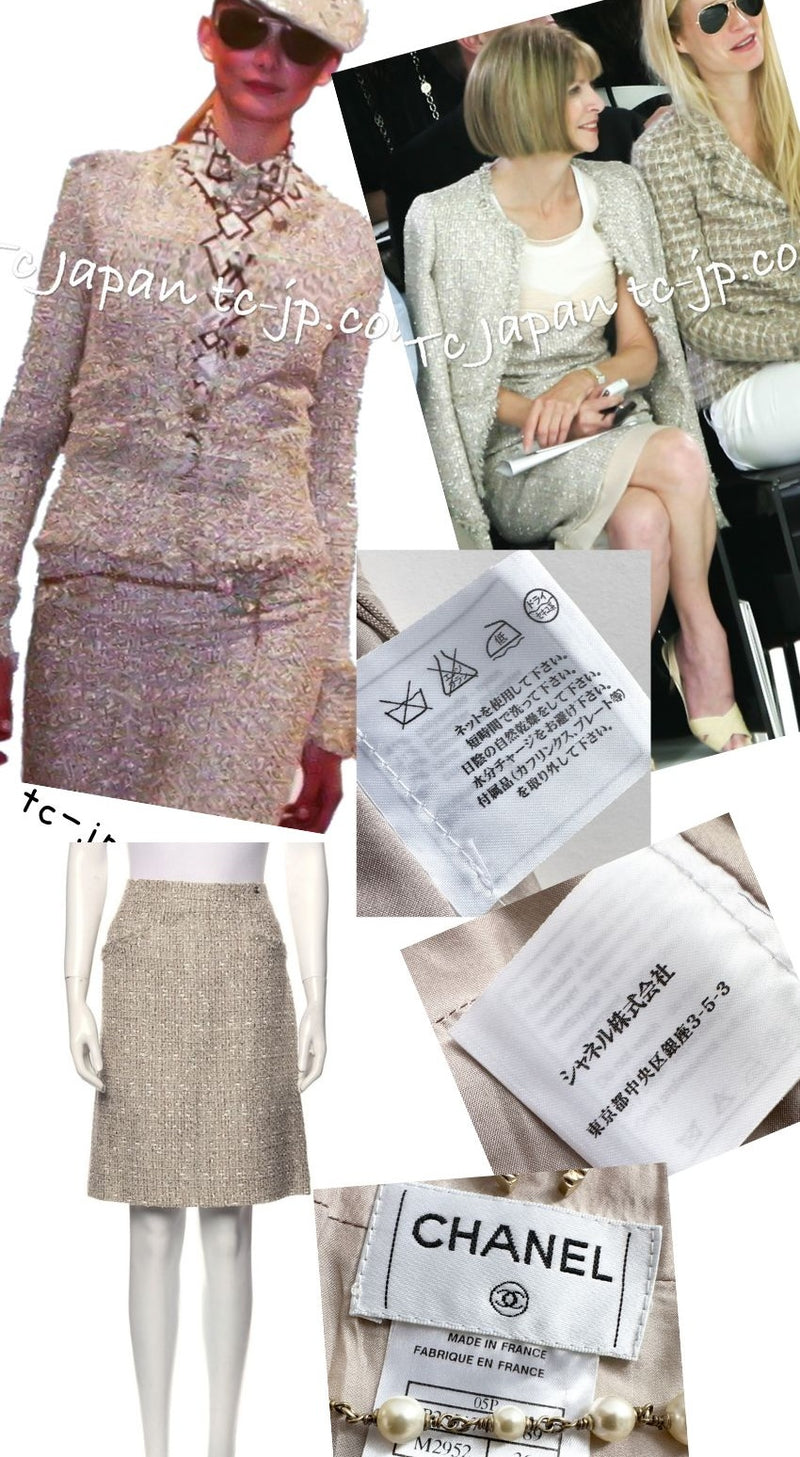 CHANEL 05S Beige Gold Silver Metallic Tweed Jacket Skirt Suit 44 46 シャネル ベージュ ゴールド メタリック ルサージュ ツイード ジャケット スカート スーツ 即発
