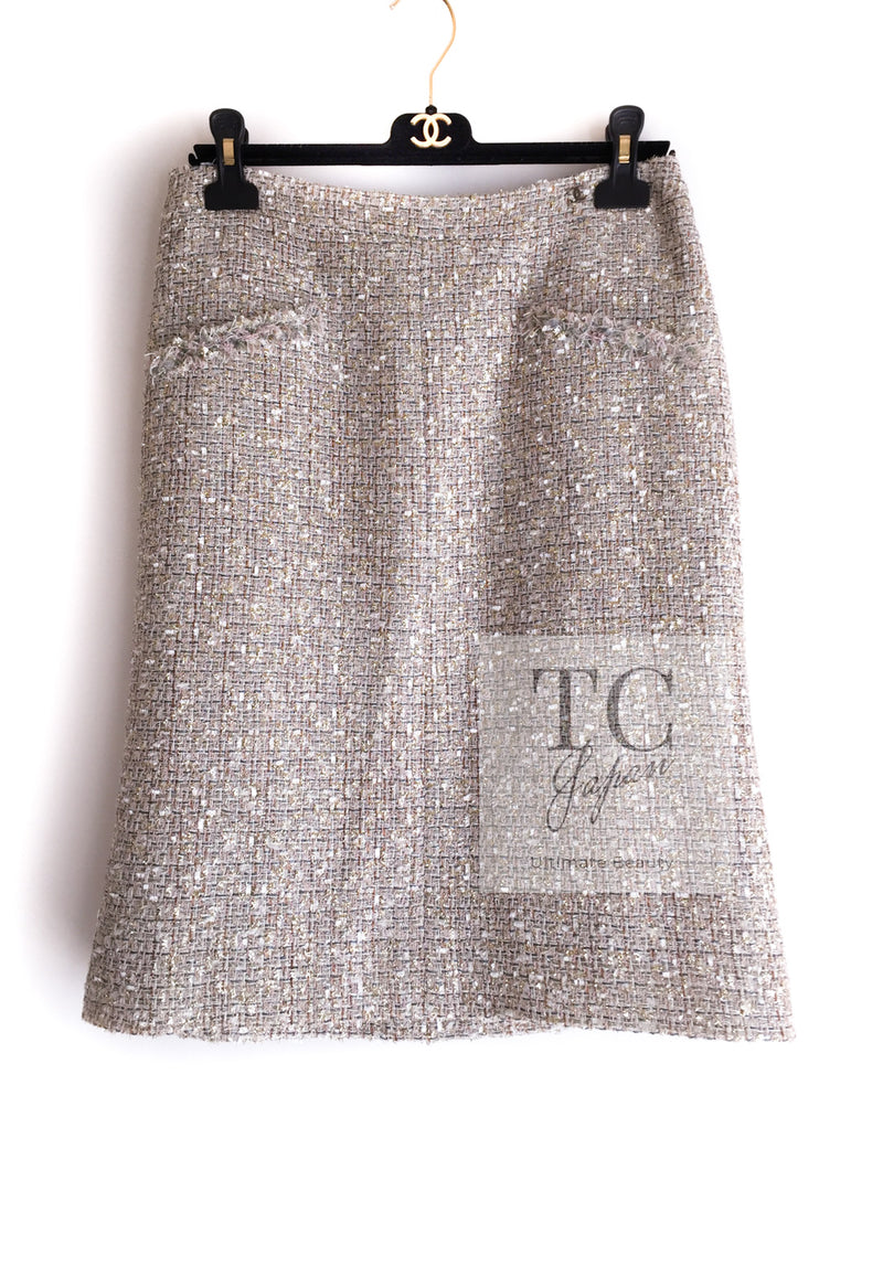 CHANEL 05S Beige Gold Silver Metallic Tweed Jacket Skirt Suit 44 46 シャネル ベージュ ゴールド メタリック ルサージュ ツイード ジャケット スカート スーツ 即発