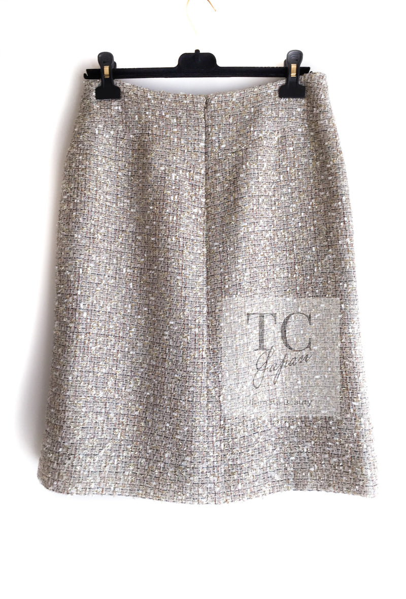 CHANEL 05S Beige Gold Silver Metallic Tweed Jacket Skirt Suit 44 46 シャネル ベージュ ゴールド メタリック ルサージュ ツイード ジャケット スカート スーツ 即発