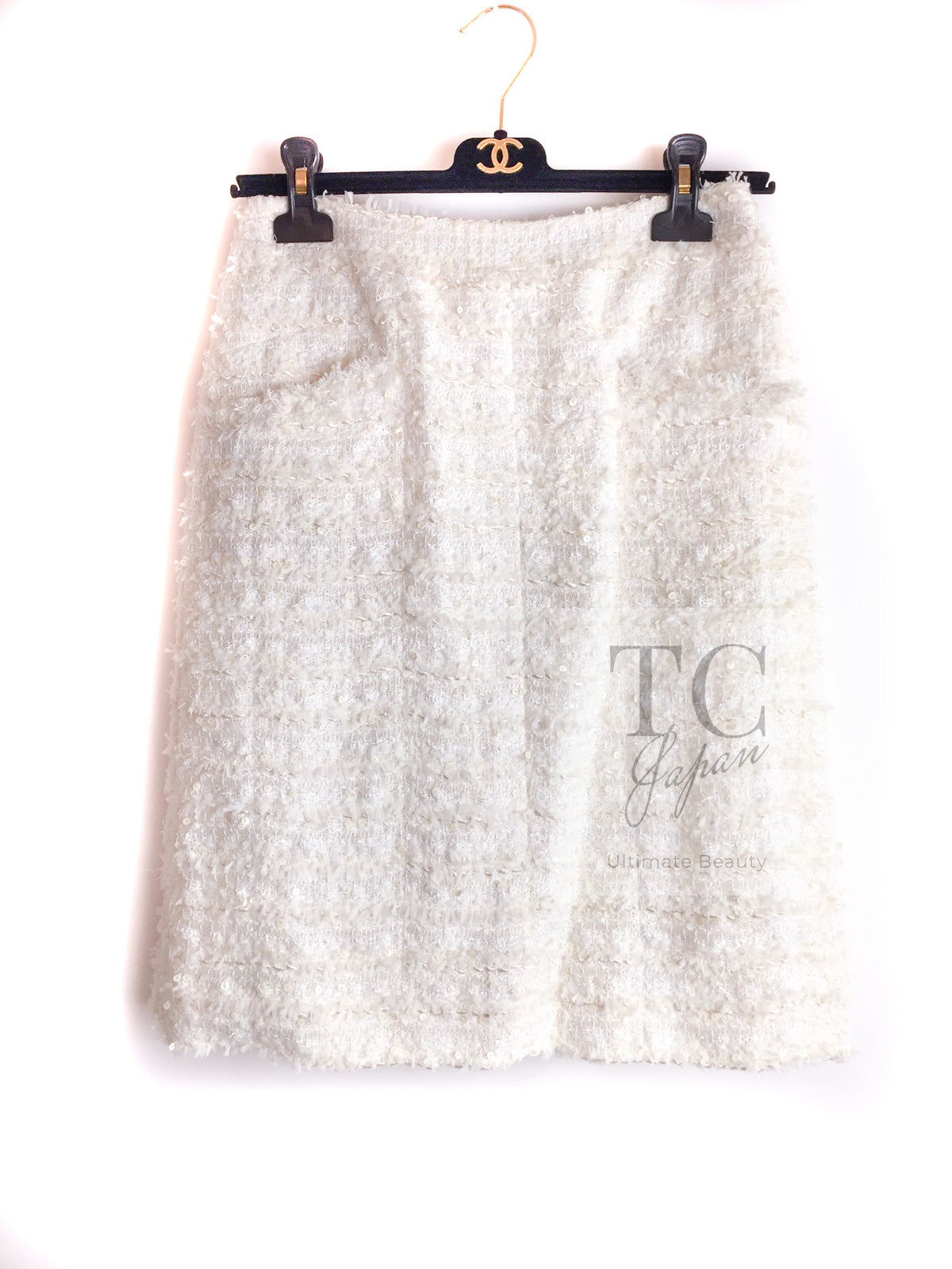 CHANEL 05S Ivory Fringe Sequin Lesage Tweed Skirt 44 シャネル アイボリー フリンジ スパコール ルサージュ ツイード スカート 即発