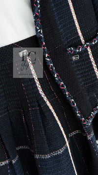 CHANEL 07C Navy Black Cotton Tweed Pleated Wool Skirt 36 シャネル ネイビー ブラック コットン ウール ツイード プリーツ スカート 即発