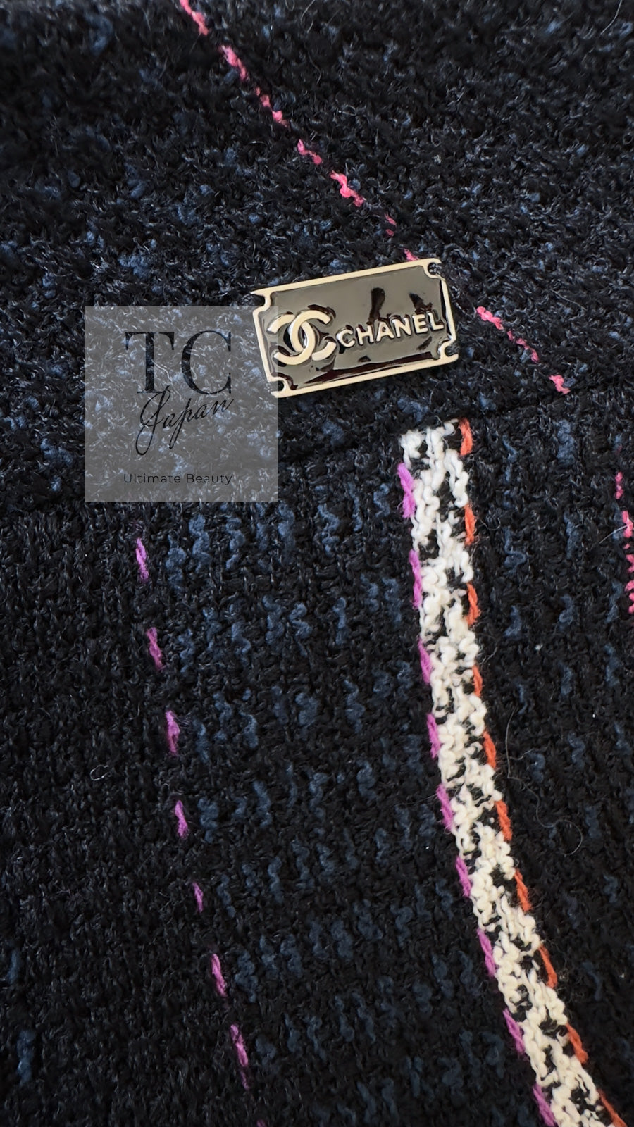 CHANEL 07C Navy Black Cotton Tweed Pleated Wool Skirt 36 シャネル ネイビー ブラック コットン ウール ツイード プリーツ スカート 即発
