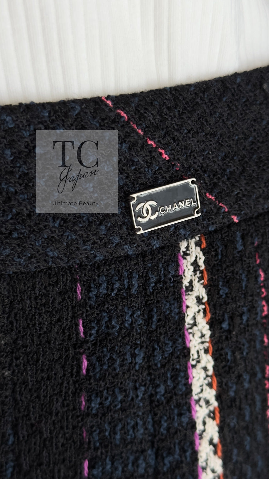 CHANEL 07C Navy Black Cotton Tweed Pleated Wool Skirt 36 シャネル ネイビー ブラック コットン ウール ツイード プリーツ スカート 即発