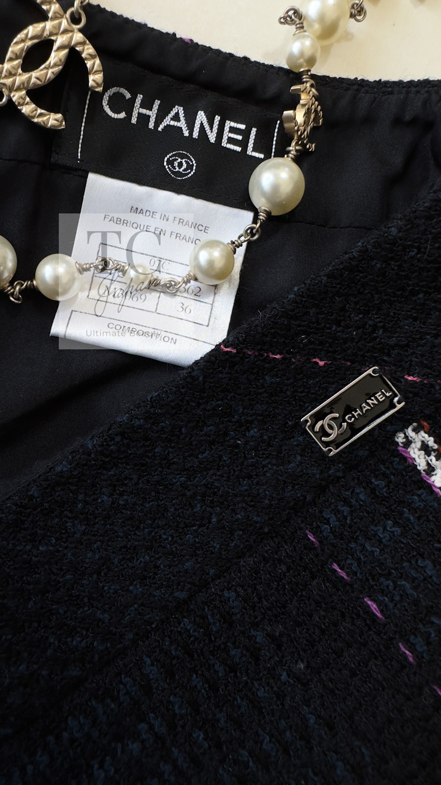 CHANEL 07C Navy Black Cotton Tweed Pleated Wool Skirt 36 シャネル ネイビー ブラック コットン ウール ツイード プリーツ スカート 即発