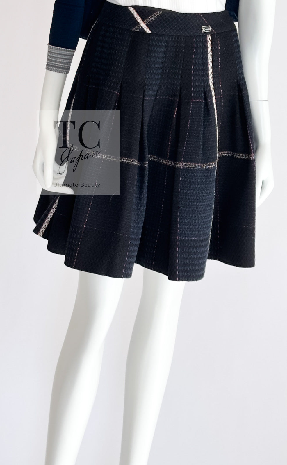 シャネル スカート CHANEL ネイビー ブラック コットン ウール