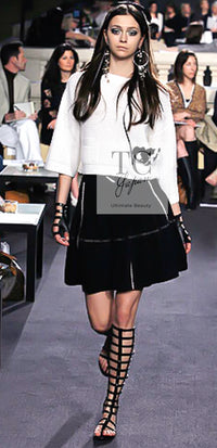 CHANEL 07C Navy Black Cotton Tweed Pleated Wool Skirt 36 シャネル ネイビー ブラック コットン ウール ツイード プリーツ スカート 即発