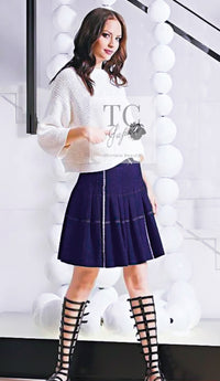 CHANEL 07C Navy Black Cotton Tweed Pleated Wool Skirt 36 シャネル ネイビー ブラック コットン ウール ツイード プリーツ スカート 即発