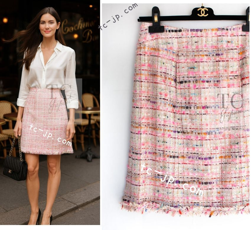 CHANEL 04S Pink Multicolor CC Gold Lesage Tweed Skirt 36 シャネル ピンク ミックス CC ゴールド ルサージュ ツイード スカート 即発