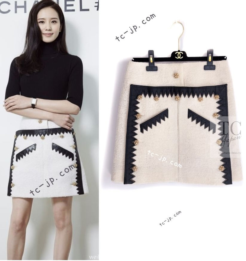 CHANEL 15PF Ivory Wool Mohair Leather Trim Skirt 44 シャネル アイボリー ウール モヘア レザートリム スカート 即発