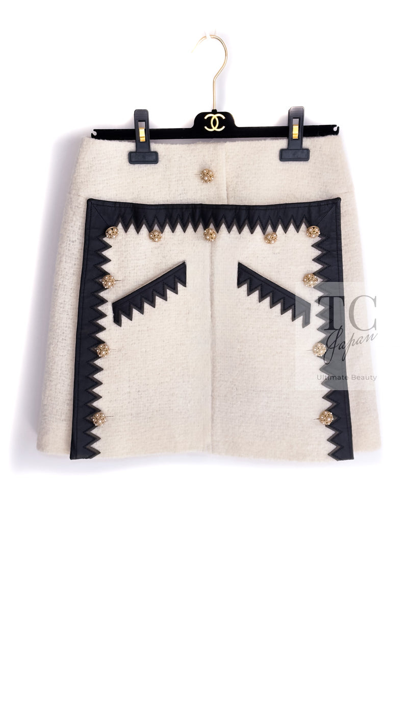 CHANEL 15PF Ivory Wool Mohair Leather Trim Skirt 44 シャネル アイボリー ウール モヘア レザートリム スカート 即発