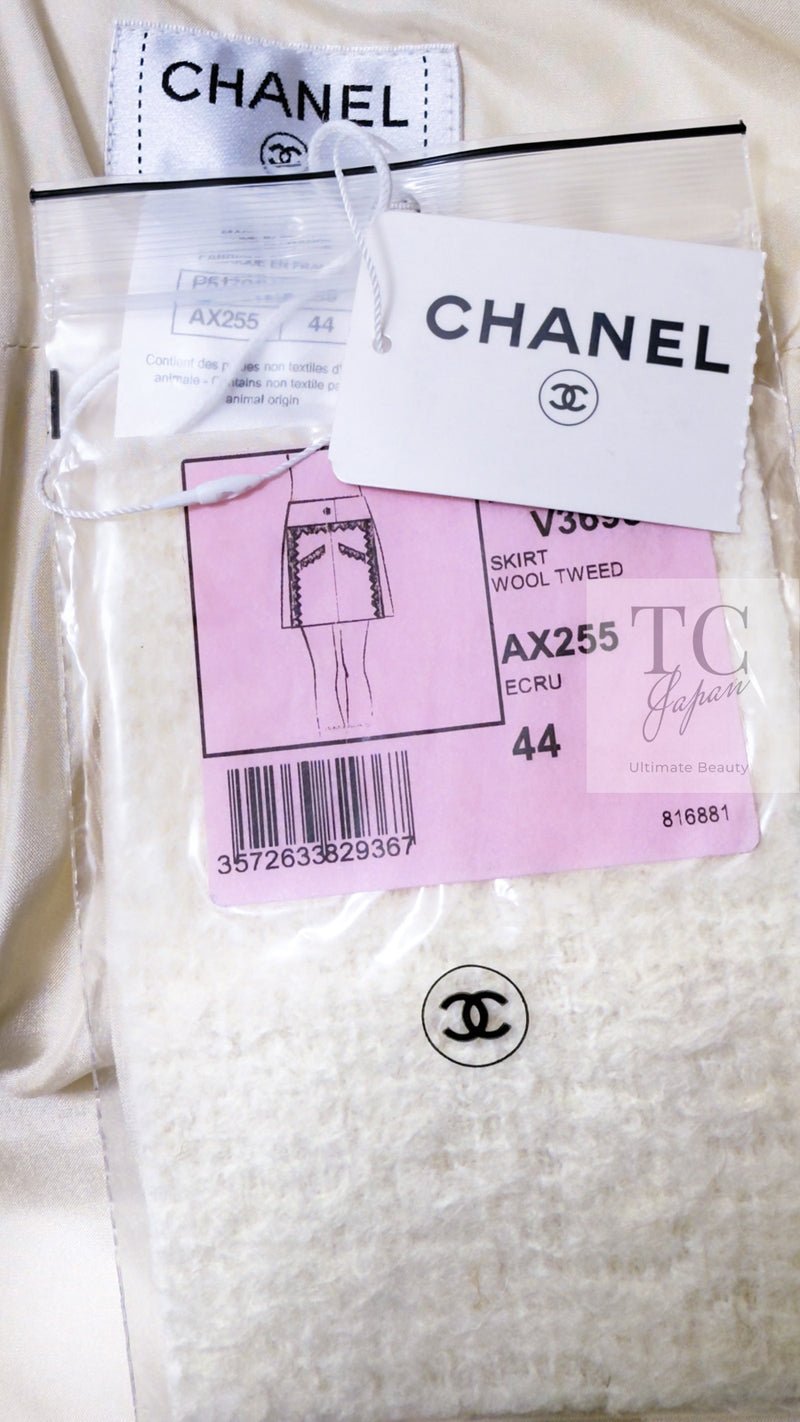 CHANEL 15PF Ivory Wool Mohair Leather Trim Skirt 44 シャネル アイボリー ウール モヘア レザートリム スカート 即発
