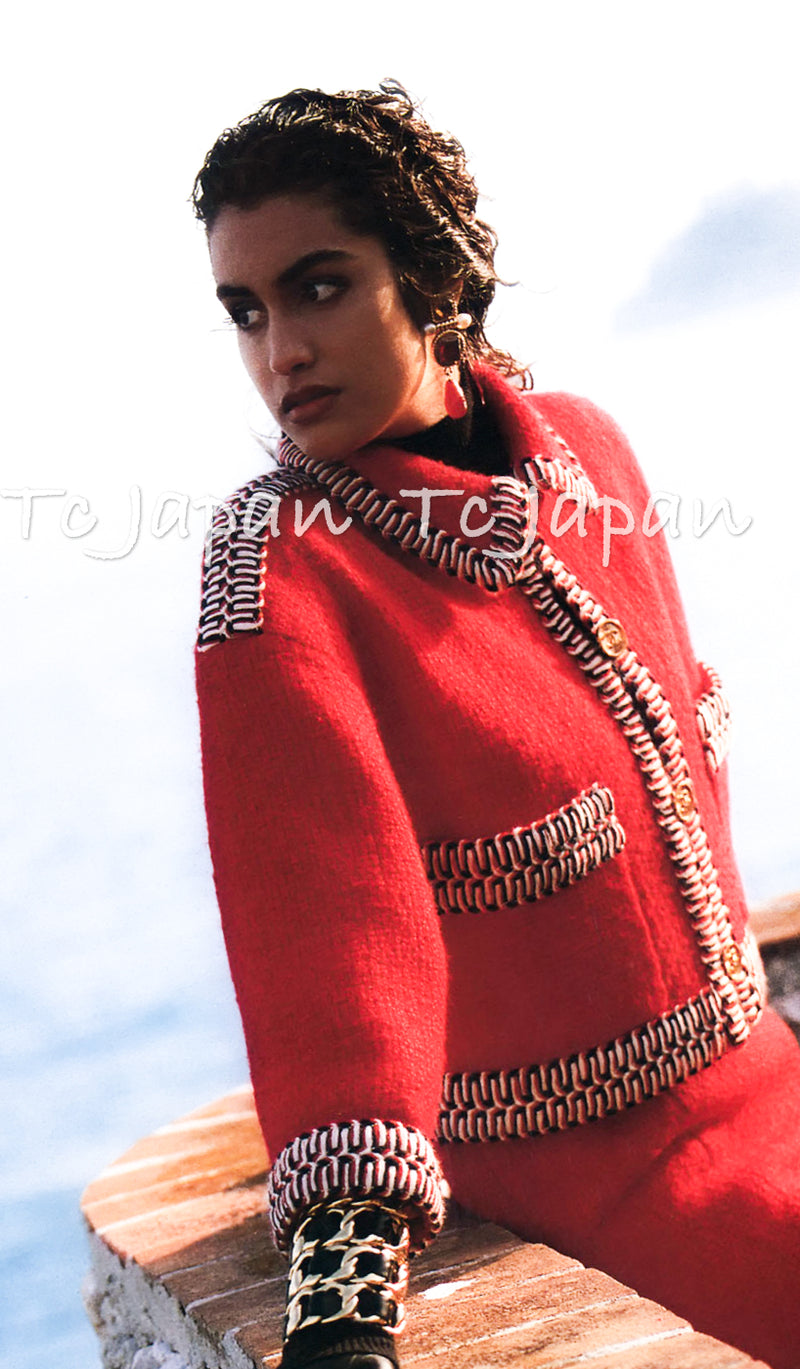 CHANEL 90A Vintage Supermodel Red Wool Tweed Skirt 34 36 シャネル ヴィンテージ スーパーモデル レッド ウール ツイード スカート 即発