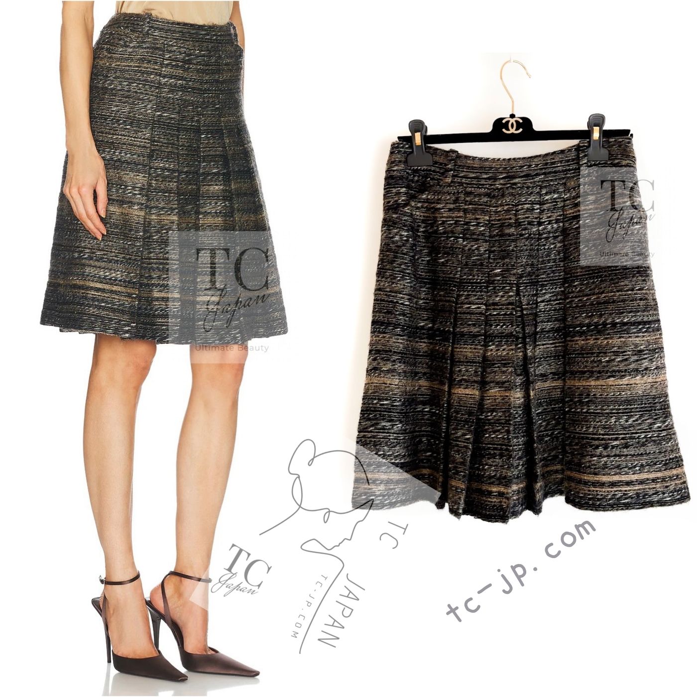 CHANEL 05A Black Charcoal Gray Wool Silk Mohair Tweed Skirt 42 シャネル ブラック チャコール グレー ウール シルク モヘア ツイード スカート 即発