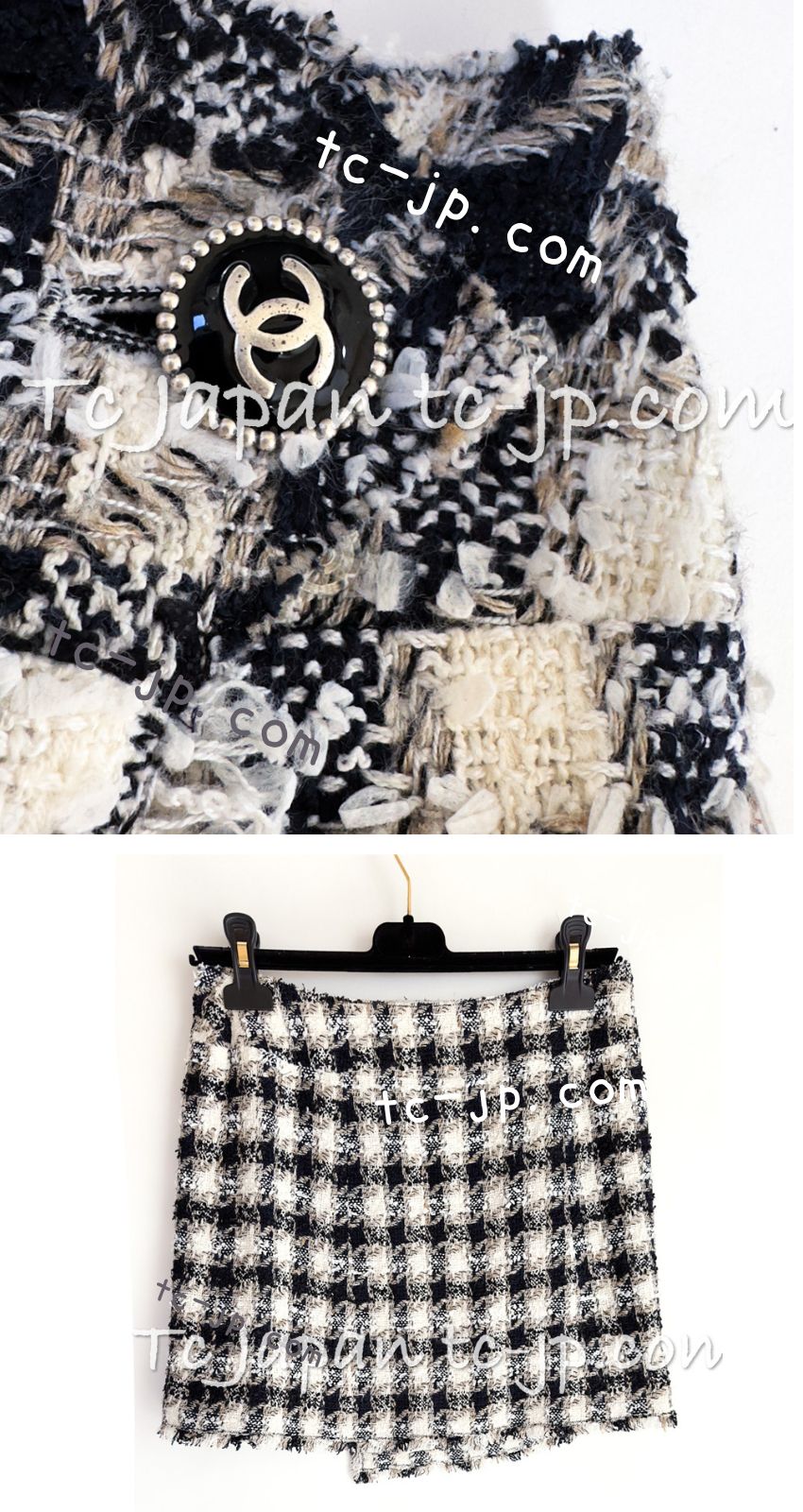 CHANEL 07S Ivory Black Jeweled COCO Emblem Fringed Lesage Tweed Skirt 34-02