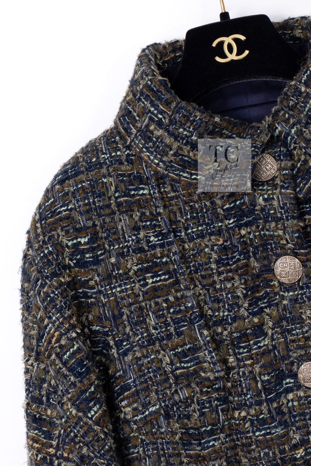 CHANEL 18PA Green Navy Khaki Tweed Jacket 36 38 シャネル グリーン ネイビー カーキ ツイード ジャケット 即発