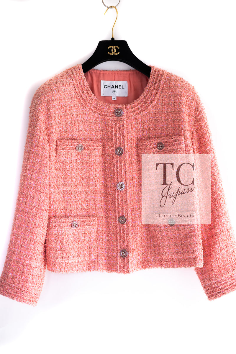 CHANEL 20PS Pink Collarless Tweed Jacket 38 40 シャネル ピンク 襟なし ココボタン ツイード ジャケット 即発