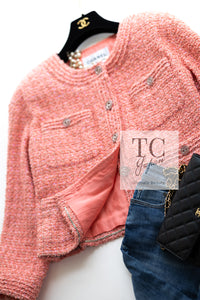 CHANEL 20PS Pink Collarless Tweed Jacket 38 40 シャネル ピンク 襟なし ココボタン ツイード ジャケット 即発