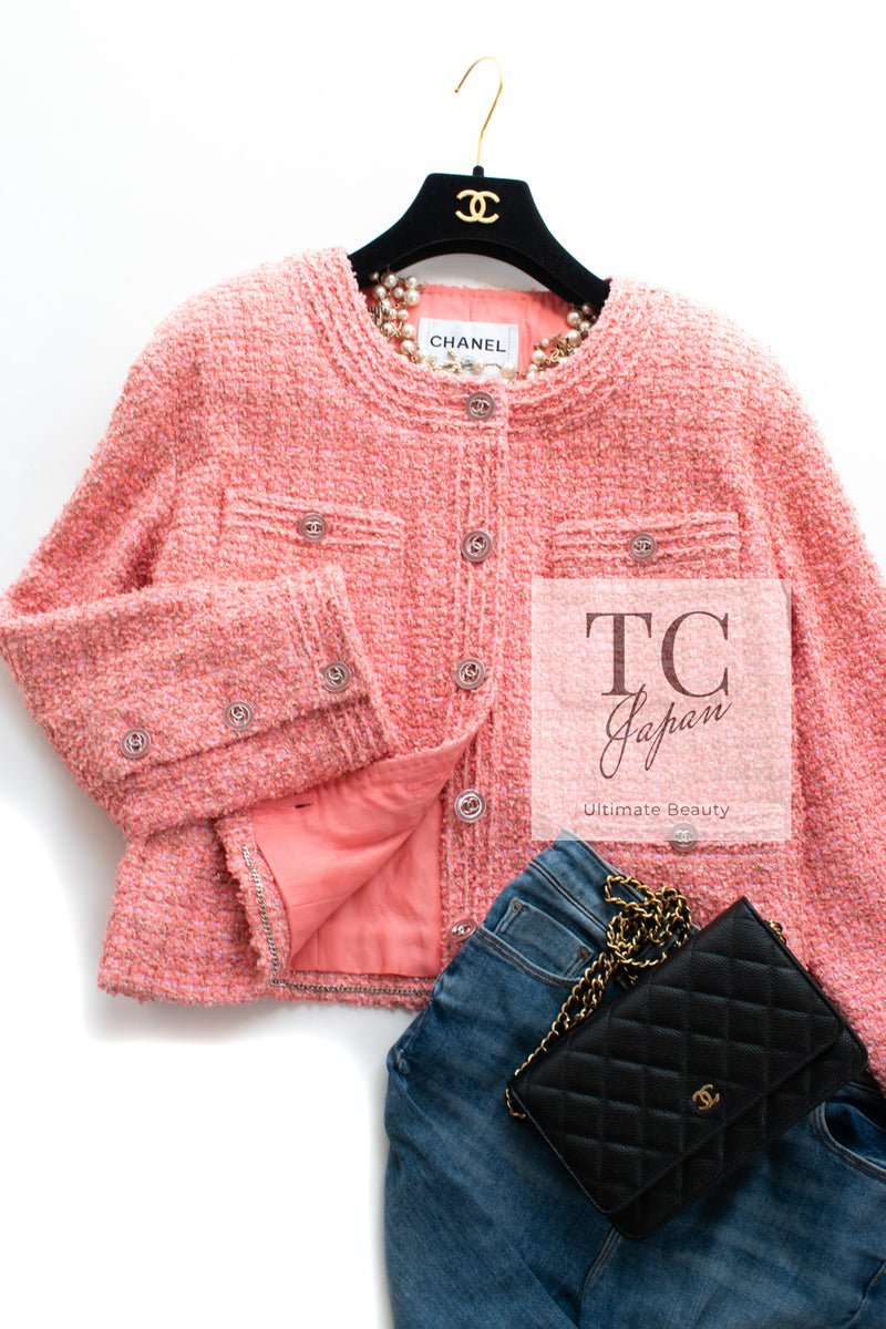 CHANEL 20PS Pink Collarless Tweed Jacket 38 40 シャネル ピンク 襟なし ココボタン ツイード ジャケット 即発